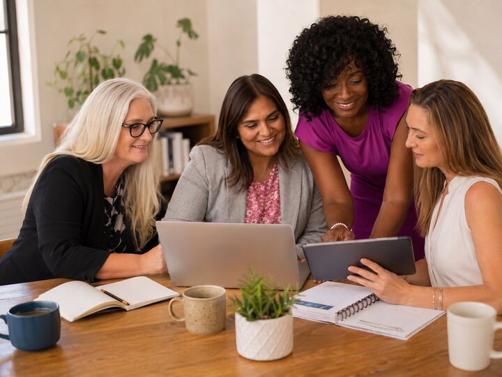 Women collaborating with business technology and practical support.